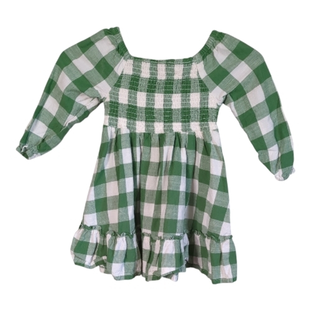 RuffleButts Long Sleeve Smocked Ruffle Hem Dress‎ Green White Plaid Size 4T - Picture 2 of 8